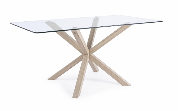 Nowoczesny stół prostokątny MAY 160×90 ze szklanym blatem i nogami w wykończeniu drewnianym
