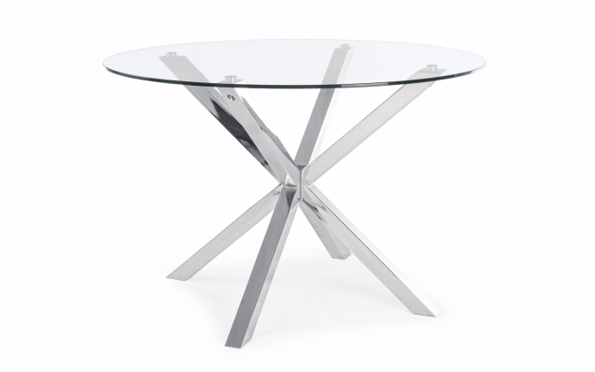Nowoczesny stół okrągły MAY Ø114 ze szklanym blatem i nogami ze stali chromowanej