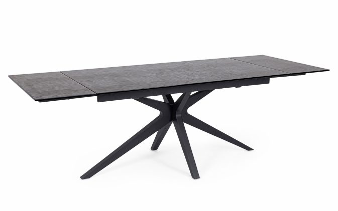 Czarny stół rozkładany AIRA EXT 160–240×90 z hartowanym szklanym blatem / podstawa krzyżowa