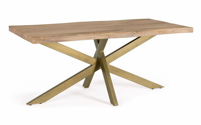 Ręcznie wykonany stół JAIDEV 175×90 z blatem z drewna mango / złota podstawa