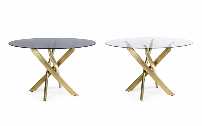 Nowoczesny stół GEORGE Ø120 ze szklanym blatem i nogami krzyżowymi - różne warianty wykończeń