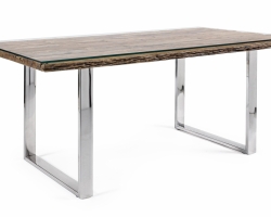 Stół STANTON 180×90 z drewna recyklingowego, szkła hartowanego i nóg stal nierdzewna