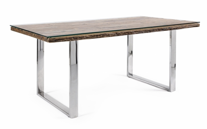 Stół STANTON 180×90 z drewna recyklingowego, szkła hartowanego i nóg stal nierdzewna