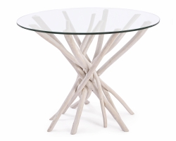 Stół okrągły SAHEL 110×110 z bielonego drewna teak i szklanym blatem – egzotyczny design