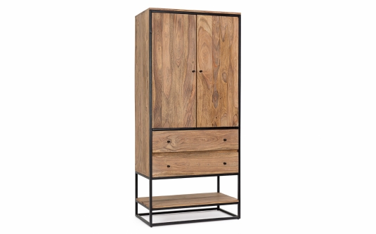 Stylowa ysoka komoda witryna NARTAN 90×45×190 – drewno sheesham i stal, funkcjonalne półki i szuflady bizzotto