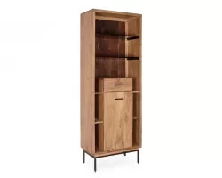 Wysoka szafka z szufladą MANGAL 72×40×195 – drewno akacjowe, recyklingowane wnętrze, stalowe nogi