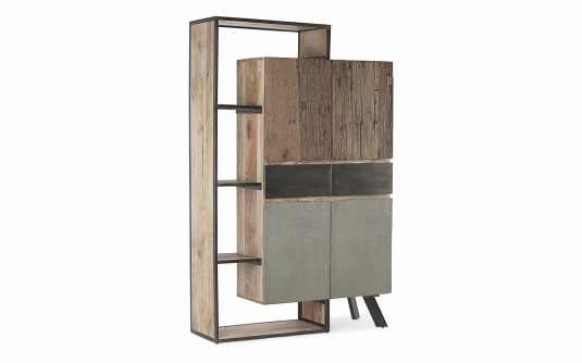 Nowoczesna komoda wysoka MANCHESTER 118×38×180 – mango, stal, fronty z recyklingu