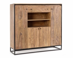 Wysoka komoda NARTAN 145×40×136 cm – drewno sheesham i stal, 4 drzwi i 1 szuflada