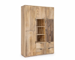 Wysoka komoda NASHIK 118×40×180 cm – drewno mango i recyklingowane, 5 drzwi i 2 szuflady