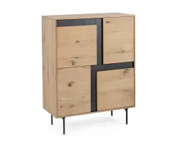 Komoda wysoka STANWOOD 90×40×120 cm – fornir dębowy, 4 drzwi, stalowe nogi