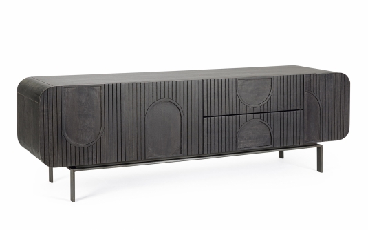 Czarna szafka RTV ORISSA 172×44×55 cm – drewno mango, stal, 3 drzwi i 2 szuflady