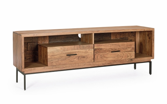 Szafka RTV MANGAL 175×40×60 cm – drewno akacjowe i stal, 2 drzwi, soft-close