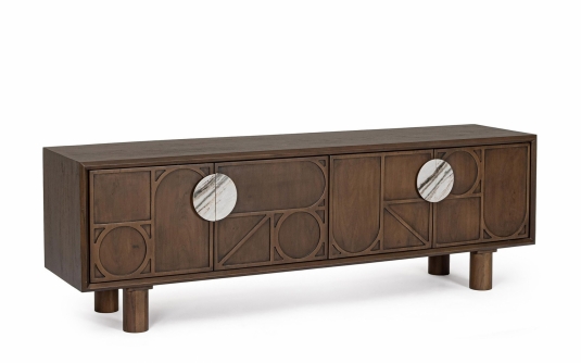 Stylowa szafka RTV HEMMING 170×40×55 cm – drewno akacjowe, marmurowe uchwyty, 4 drzwi soft-close