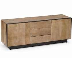 Nowoczesna szafka RTV HAROLD 150×44×55 cm – drewno mango, stal i system soft-close