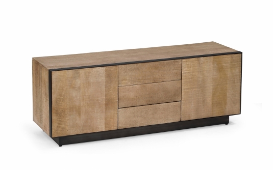 Nowoczesna szafka RTV HAROLD 150×44×55 cm – drewno mango, stal i system soft-close