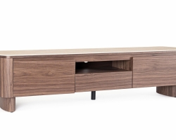 Szafka RTV EZEKIEL 180×39,5×45 cm – fornir orzechowy, blat spiek kamienny travertine, system soft-close