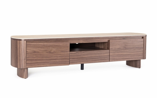 Szafka RTV EZEKIEL 180×39,5×45 cm – fornir orzechowy, blat spiek kamienny travertine, system soft-close