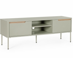 Szafka RTV NATHAN GREY SAND 140×40×51 cm – płyta laminowana, stalowe nogi, 2 drzwi i 2 półki