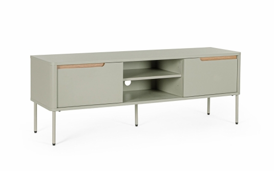 Szafka RTV NATHAN GREY SAND 140×40×51 cm – płyta laminowana, stalowe nogi, 2 drzwi i 2 półki