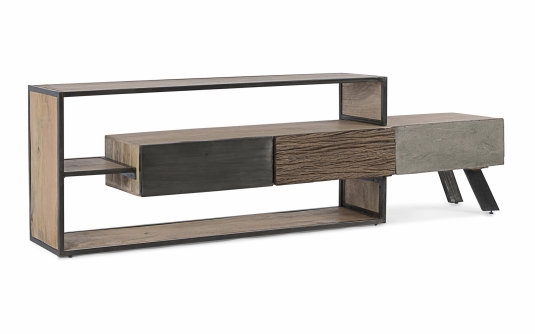 Szafka RTV MANCHESTER 195×38×60 cm – mango, stal, recyklingowane drewno, 3 szuflady