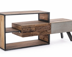 Szafka RTV MANCHESTER 145×40×60 cm – mango, stal, recyklingowane drewno, 2 szuflady