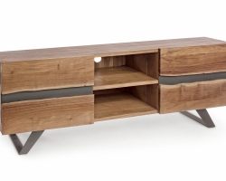 Komoda niska szafka tv ARON 160×44×65 cm – drewno akacjowe i stal, 2 drzwi z metalowymi wstawkami