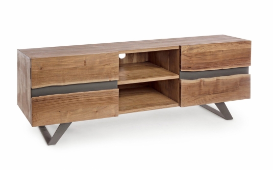 Komoda niska szafka tv ARON 160×44×65 cm – drewno akacjowe i stal, 2 drzwi z metalowymi wstawkami