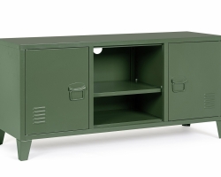 Zielona szafka RTV CAMBRIDGE 120,5×40×58,5 cm – nowoczesna stalowa szafka telewizyjna z 2 drzwiami i półką