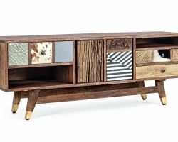 Szafka RTV DHAVAL 140×40×48 cm – mango i akacja recyklingowana z elementami metalu i skóry