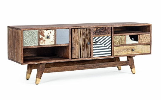 Szafka RTV DHAVAL 140×40×48 cm – mango i akacja recyklingowana z elementami metalu i skóry