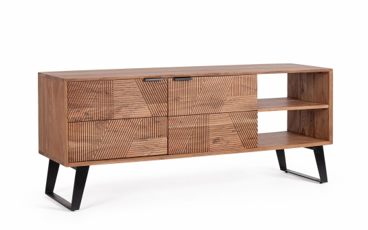 Szafka RTV ISAR 145×40×60 cm – drewno akacjowe z intarsjami, 2 drzwi