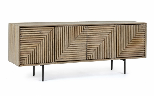 Szafka RTV DARSEY 140×32,5×53 cm – mango, 4 drzwi, stalowe nogi