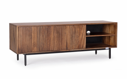 Szafka RTV TADITA 140×40×50 cm – mango i stal, 2 drzwi, niski design