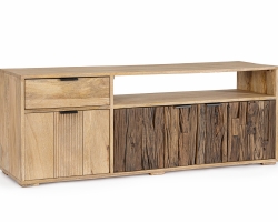 Szafka RTV niska NASHIK 145×40×55 cm – mango i drewno recyklingowane, 3 drzwi i 1 szuflada