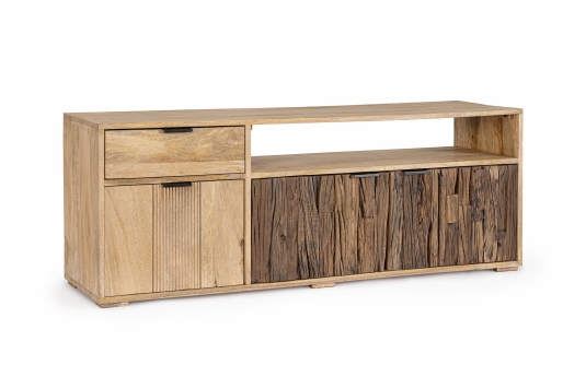 Szafka RTV niska NASHIK 145×40×55 cm – mango i drewno recyklingowane, 3 drzwi i 1 szuflada