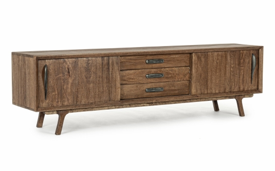 Szafka RTV SHERMAN 200×43×60 cm – nowoczesna niska szafka pod telewizor z przesuwanymi drzwiami, drewno i stal