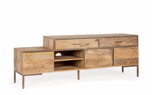 Szafka RTV JAIDEV 175×40×62 cm – niska szafka pod telewizor z drewna mango i stali, 3 drzwi i 2 szuflady