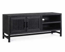 Czarna szafka RTV WESTON 130×40×55 cm – drewniana szafka pod telewizor z rattanu i mango, 2 drzwi i 2 szuflady