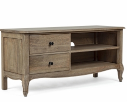 Szafka RTV DOMITILLE 115×40×52 cm – drewno mango i MDF, 2 szuflady, żeliwne uchwyty