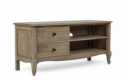 Szafka RTV DOMITILLE 115×40×52 cm – drewno mango i MDF, 2 szuflady, żeliwne uchwyty