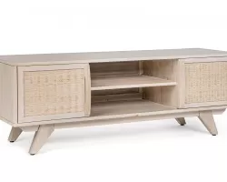 Szafka RTV SAHANA 128×40×45 cm – drewno mango bielone, fronty rattanowe, 2 drzwi