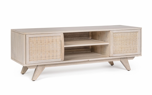 Szafka RTV SAHANA 128×40×45 cm – drewno mango bielone, fronty rattanowe, 2 drzwi