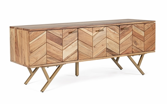 Szafka RTV RAIDA 130×40×51 cm – drewno akacjowe i stal malowana proszkowo, 3 drzwi