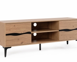 Szafka RTV MELYS 140×40×52 cm – niska szafka pod telewizor, naturalna z czarnymi detalami, 2 drzwi