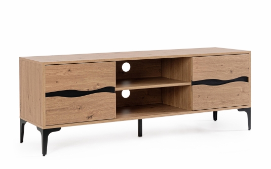 Szafka RTV MELYS 140×40×52 cm – niska szafka pod telewizor, naturalna z czarnymi detalami, 2 drzwi