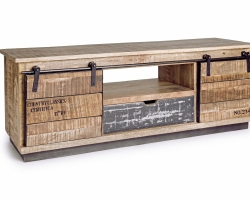 Szafka niska rtv TUDOR 130×40×50 cm – komoda z drewna mango na stalowej podstawie, 2 drzwi i 1 szuflada