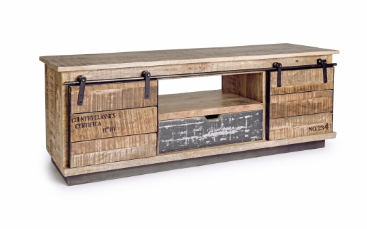 Szafka niska rtv TUDOR 130×40×50 cm – komoda z drewna mango na stalowej podstawie, 2 drzwi i 1 szuflada