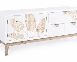 Szafka RTV FOLIUM 120×40×52 cm – niska szafka pod telewizor z drewna jodłowego i MDF, ręczny dekor, 2 drzwi i 3 szuflady