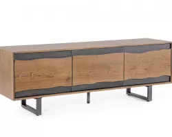 Szafka RTV GARWOOD 160×42×55 cm – nowoczesna szafka pod telewizor z forniru dębowego, 3 drzwi z półkami, stalowe nogi