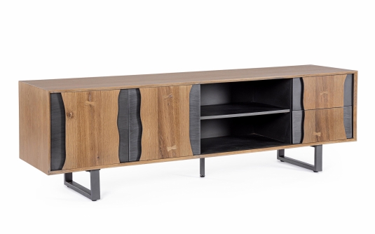 Szafka RTV GARWOOD 160×42×55 cm – nowoczesna szafka pod telewizor z forniru dębowego, 3 drzwi z półkami, stalowe nogi